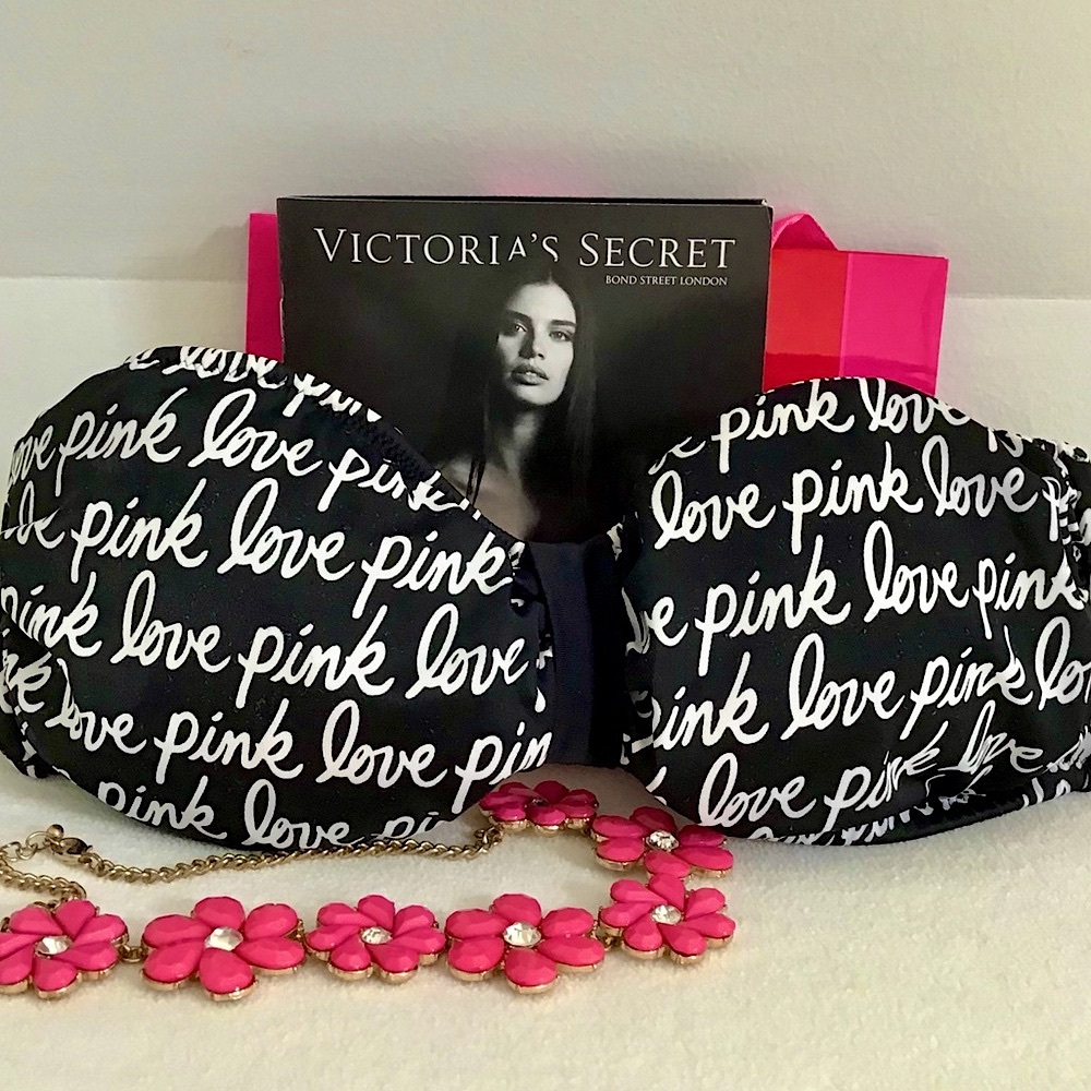 PINK Victoria’s Secret Black LOVE PINK Logo Bikini Top Size Small